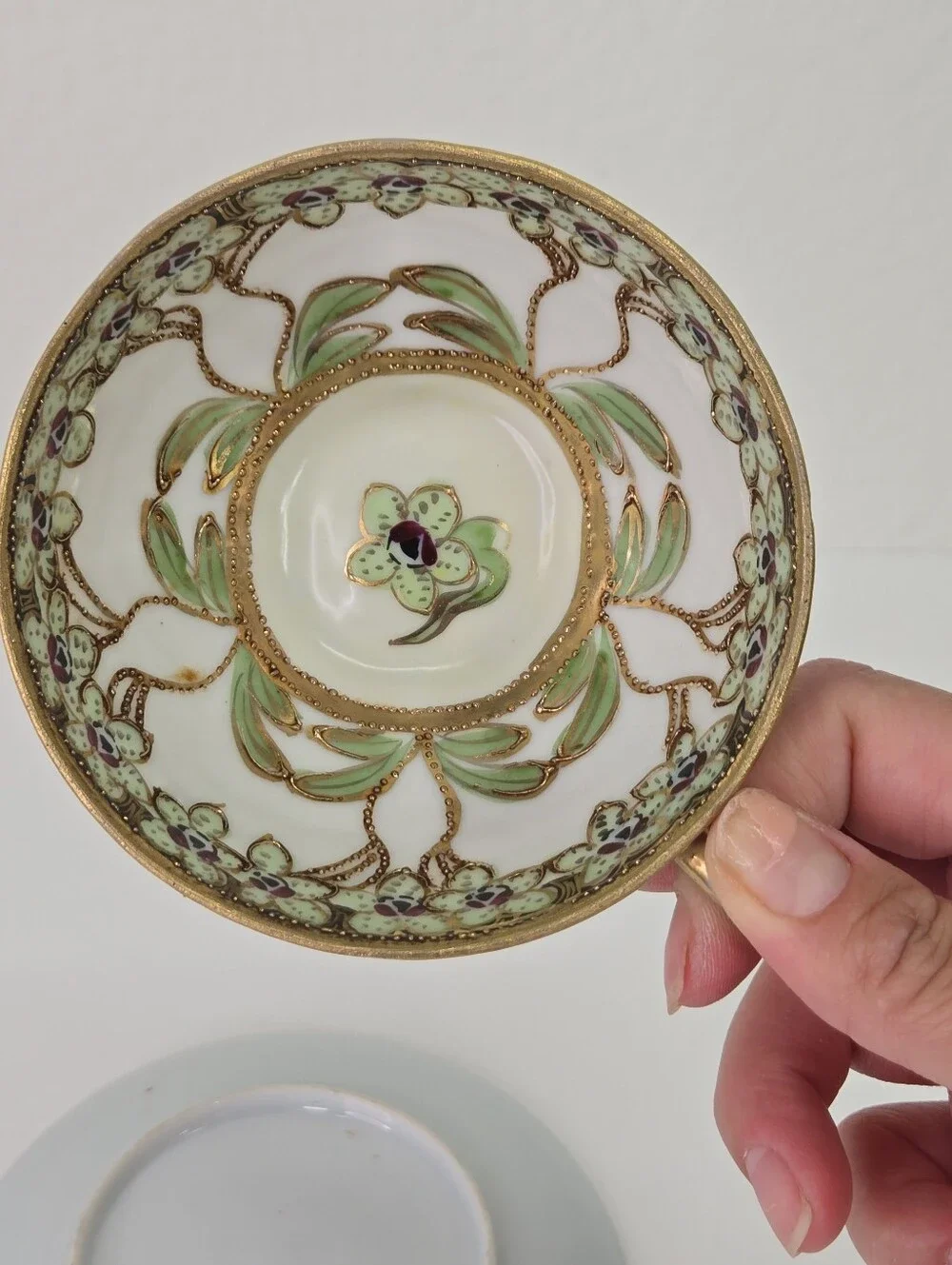Antique Nippon Moriage Teacup‎ Saucer Set Hand Painted Cherry Blossom Mark 1910s